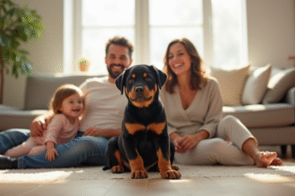 Chiot rottweiler calme avec famille dans le salon lumineux