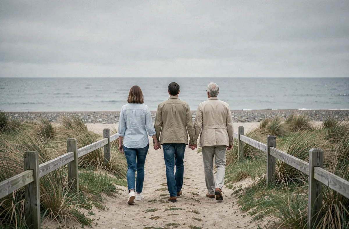 Trois frères et sœurs adultes marchant bras dessus bras dessous sur un sentier côtier, représentant l'amour fraternel et la complicité familiale