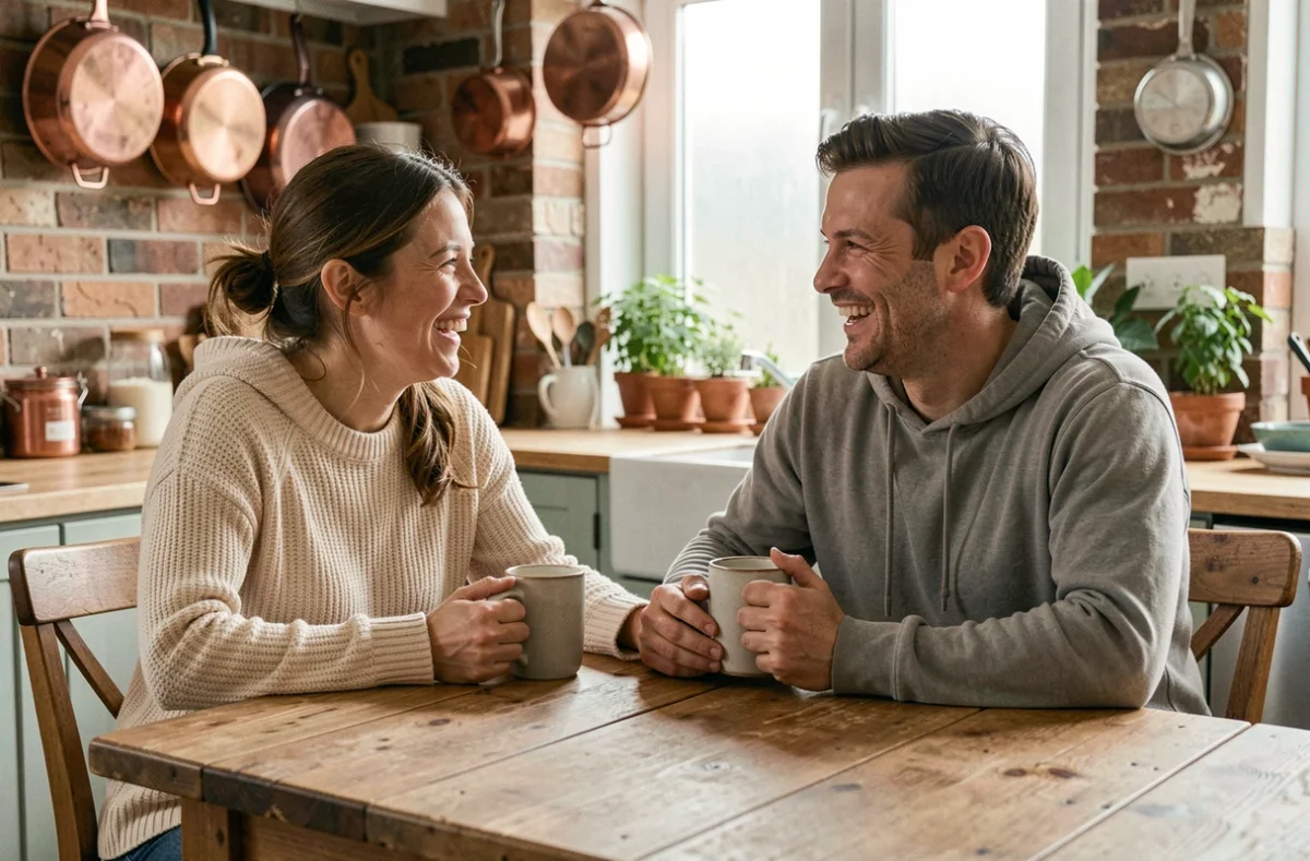 Frère et sœur adultes riant ensemble autour d'une table en bois dans une cuisine chaleureuse, symbole de l'amour fraternel