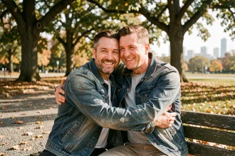 Deux frères adultes s'embrassant chaleureusement sur un banc de parc en automne, illustrant l'amour fraternel