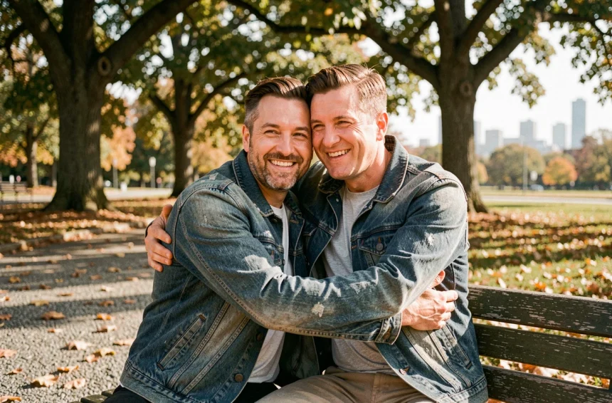 Deux frères adultes s'embrassant chaleureusement sur un banc de parc en automne, illustrant l'amour fraternel