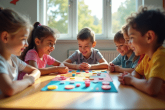 Enfants jouant à un jeu de fractions en classe