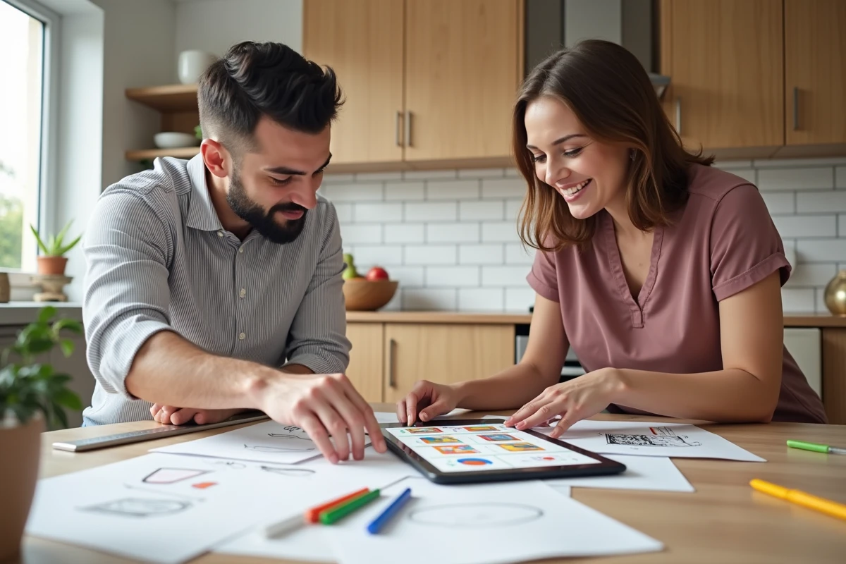 Deux personnes collaborant sur le design d'un jeu à gratter personnalisé avec des croquis et une tablette graphique dans une cuisine moderne