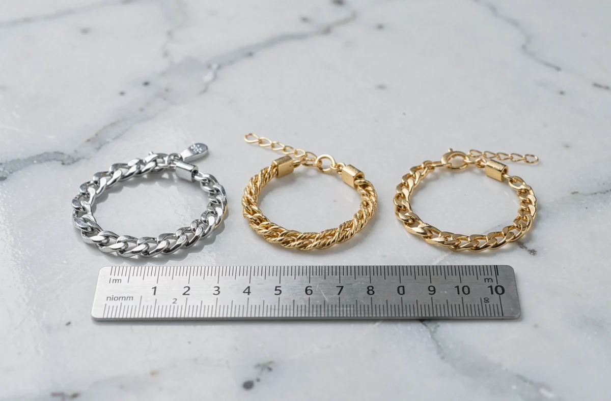 Comparaison de trois gourmettes pour bébé en argent et or sur marbre blanc avec règle mesurant leurs dimensions