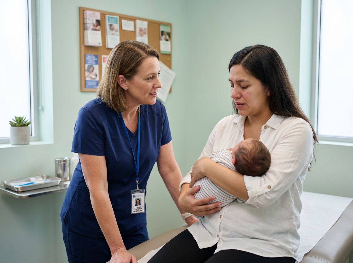 Consultante en lactation conseillant une jeune mère épuisée dans une clinique périnatale moderne