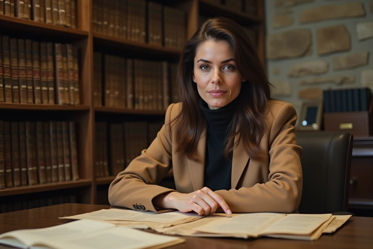 Femme consultant des archives et registres généalogiques dans une bibliothèque pour vérifier des informations sur des origines et des repères biographiques