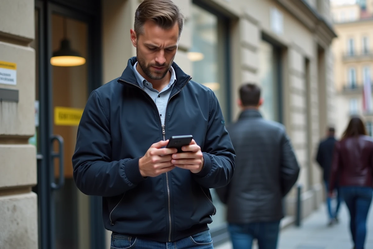 Homme consultant le site de la CAF sur son smartphone devant un bâtiment administratif