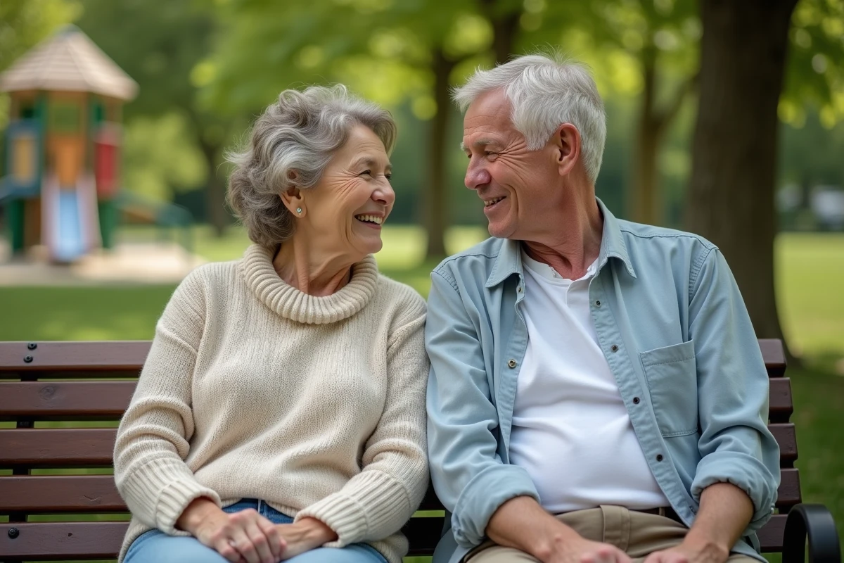 Adulte discutant sur un banc dans un parc verdoyant