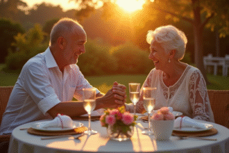 Couple mature souriant lors d'un anniversaire en plein air