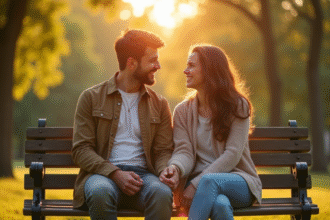 Jeune couple heureux assis sur un banc dans un parc ensoleille avec amour