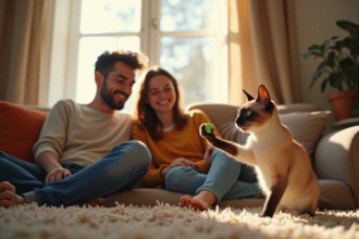 Jeune couple sur canapé avec chat siamois jouant dans un salon lumineux