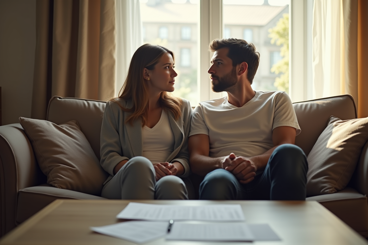 Couple calme dans le salon avec papiers de divorce