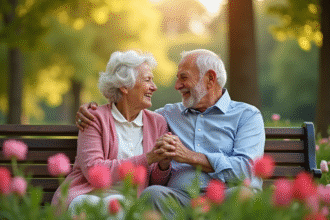Couple de seniors heureux assis sur un banc dans un parc en fleurs