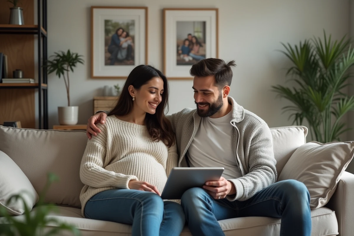Couple en discussion dans le salon avec femme enceinte
