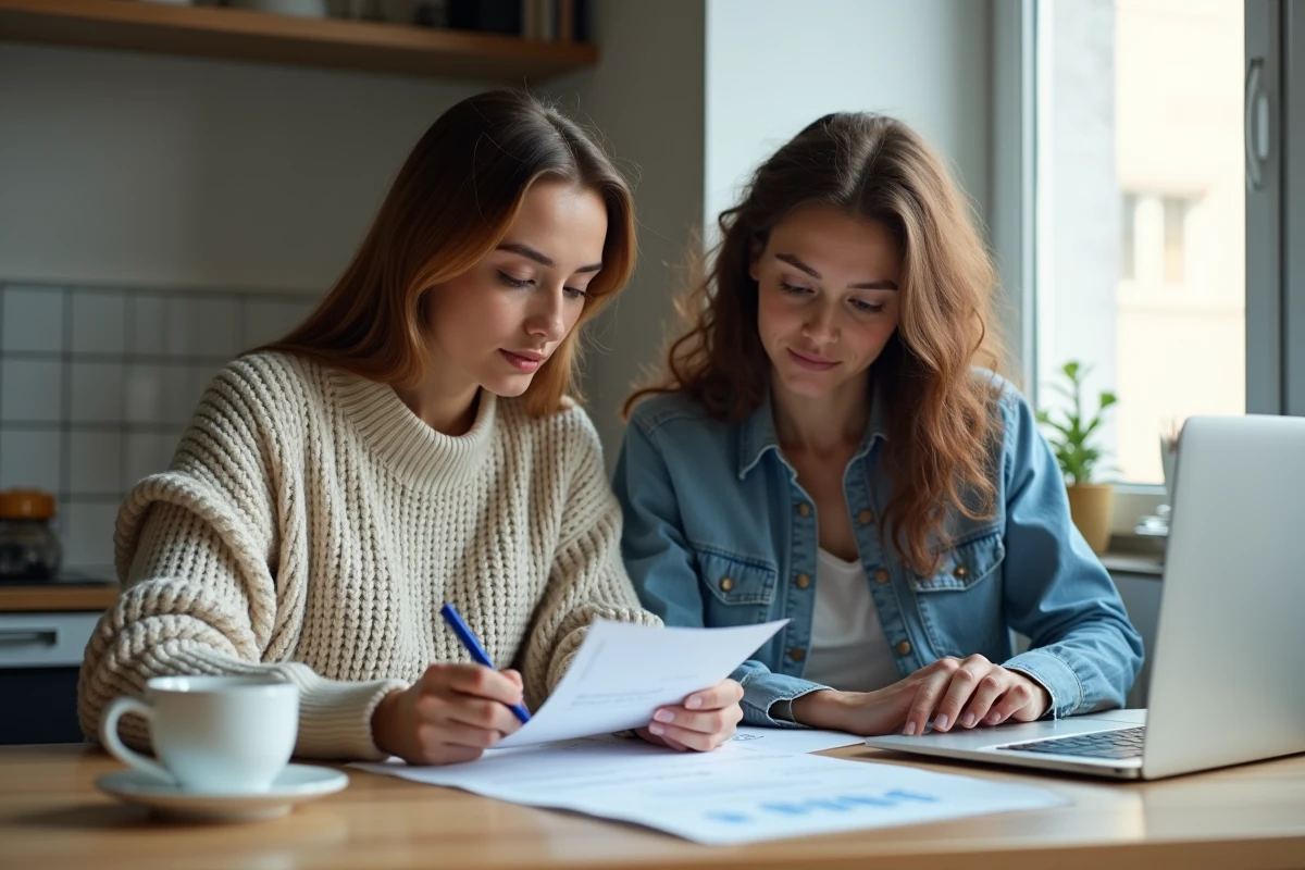 Couple de femmes remplissant un formulaire de concubinage à domicile sur un bureau avec documents administratifs