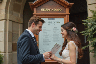 Couple souriant devant un panneau d annonces de mariage en village européen