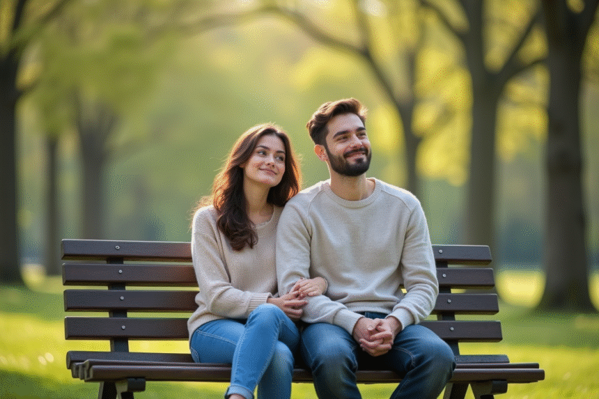 Jeune couple assis sur un banc dans un parc au printemps