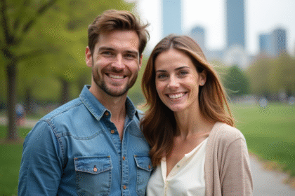 Jeune couple souriant dans un parc en ville