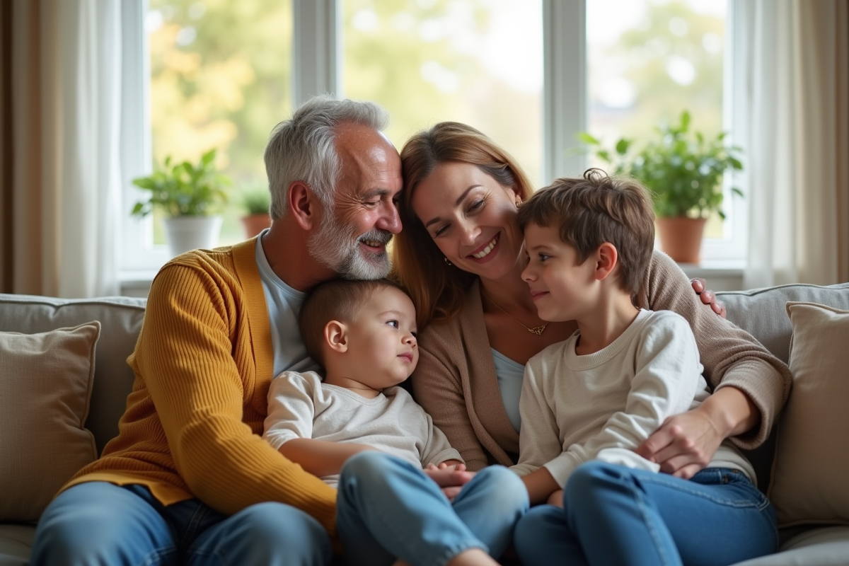 Couple dans la cinquantaine avec enfants et petits-enfants dans le salon