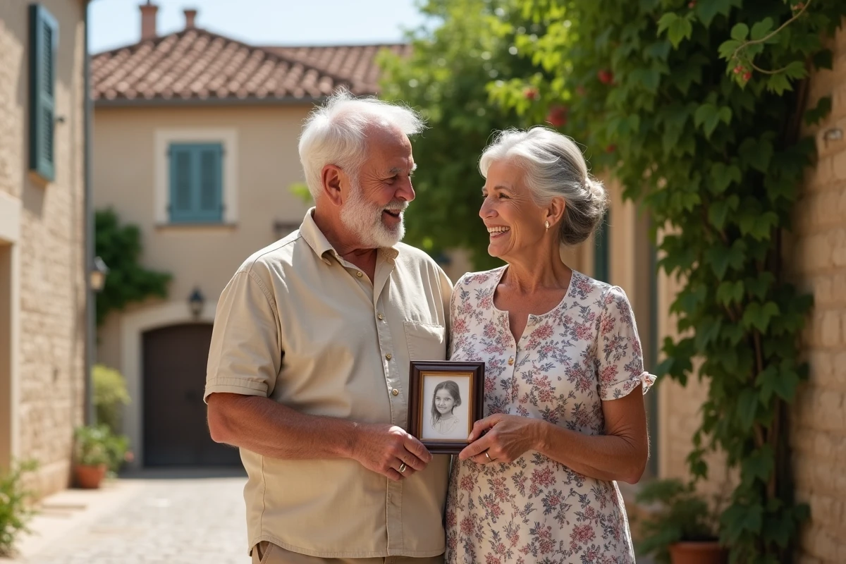 Couple de parents d'origine méditerranéenne devant une maison en pierre dans un village du sud de la France