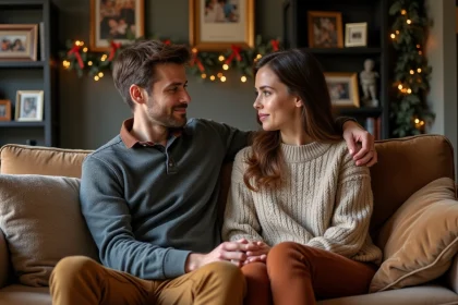 Couple assis sur un canapé en famille chaleureuse