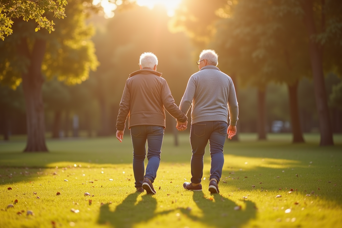 Couple senior marchant dans le parc en discussion