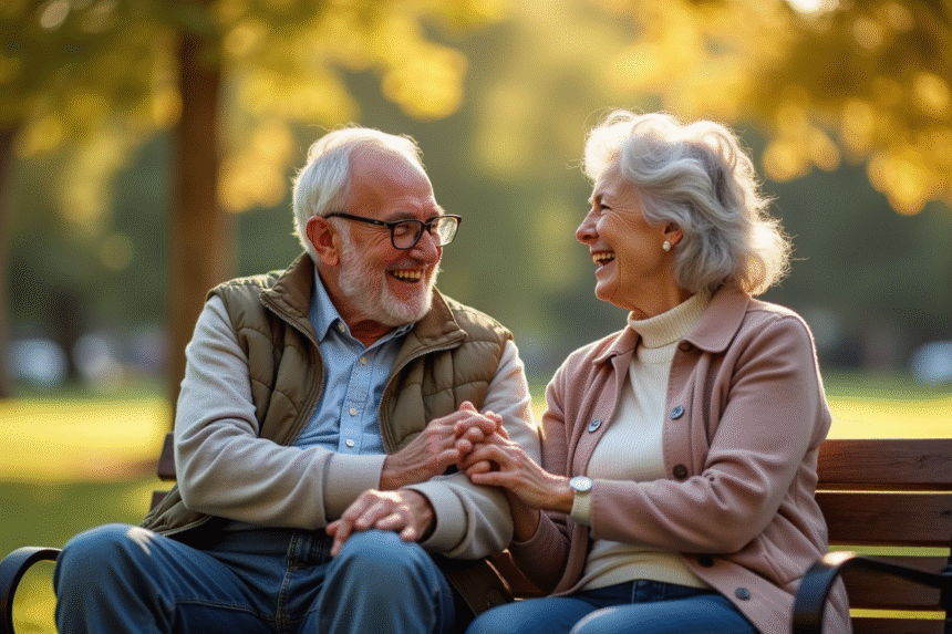 Couple senior assis sur un banc dans un parc ensoleille