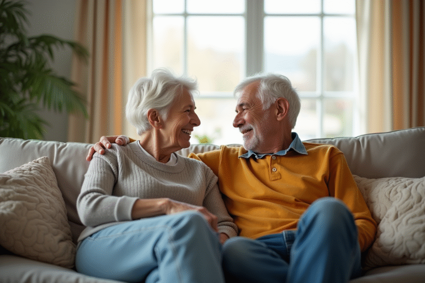 Couple senior souriant dans le salon lumineux