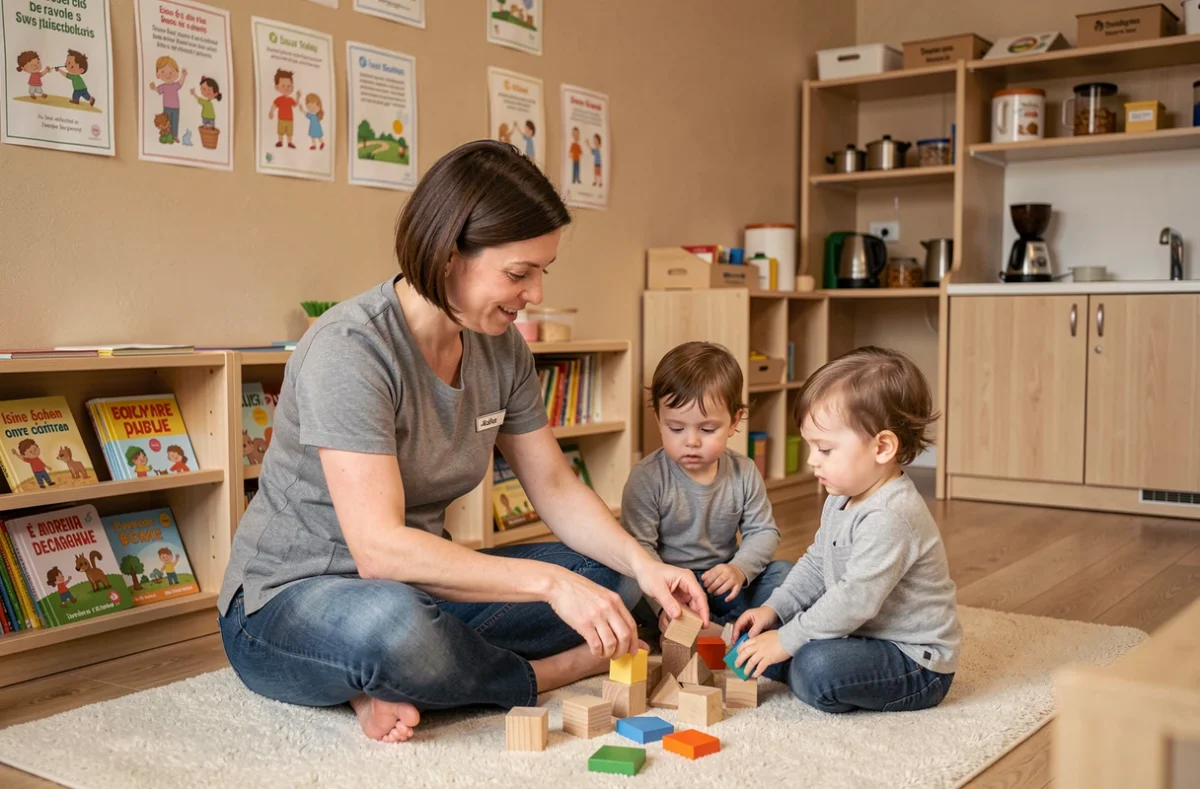 Éducatrice guidant des nourrissons dans une salle d'activités des crèches municipales de Brie-Comte-Robert
