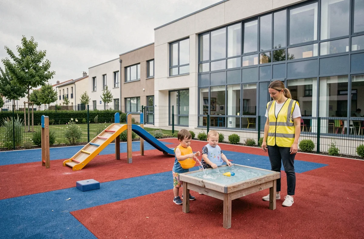 Espace extérieur des crèches municipales de Bussy-Saint-Georges avec jeux d'eau pour enfants