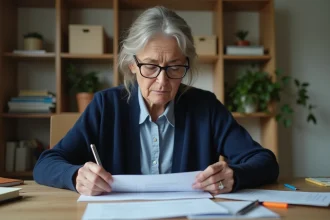 Femme consultant des documents administratifs pour déclarer un décès à la CPAM depuis son domicile