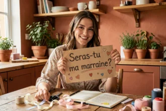 Jeune femme souriante tenant une pancarte humoristique pour demander une marraine, entourée de fournitures créatives sur une table en bois