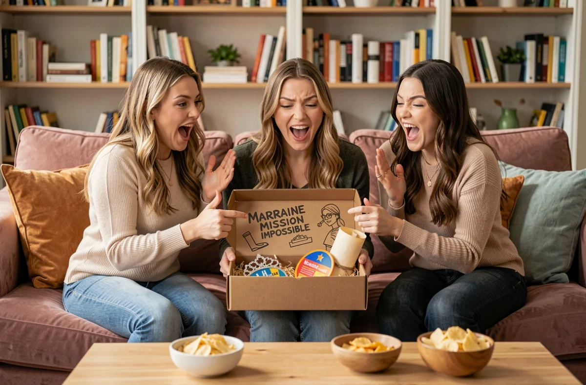 Groupe d'amies réagissant avec surprise et humour à une boîte cadeau de demande de marraine originale dans un salon décoré avec goût