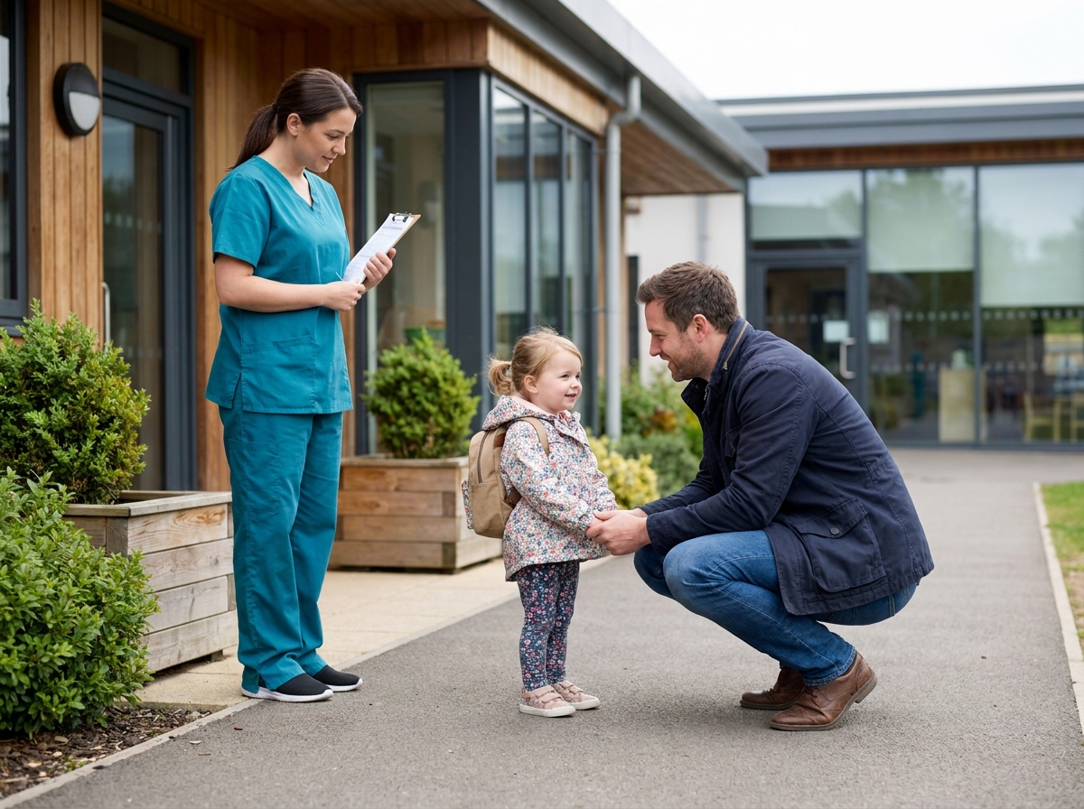 Père déposant sa fille devant une crèche privée moderne avec prise en charge par une professionnelle de la petite enfance