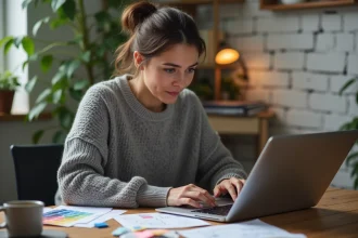 Femme créant le design d'un jeu à gratter personnalisé sur ordinateur portable dans un bureau à domicile