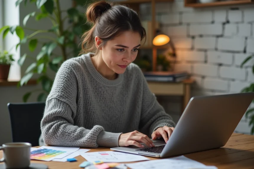 Femme créant le design d'un jeu à gratter personnalisé sur ordinateur portable dans un bureau à domicile
