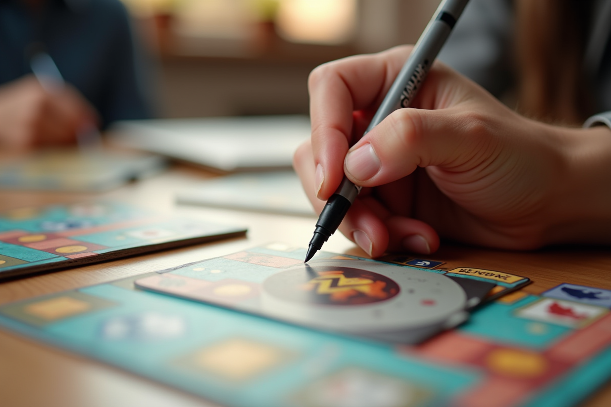 Main dessinant avec un marqueur sur une carte de jeu