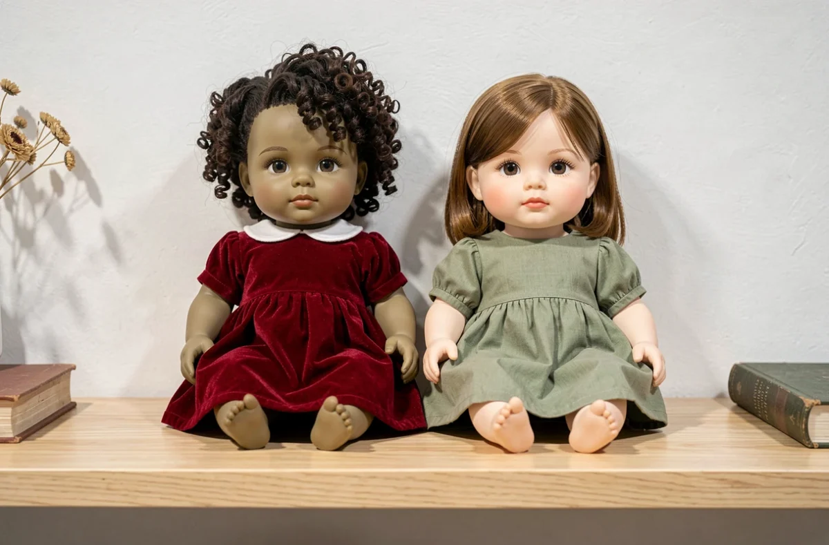 Deux poupées reborn filles exposées sur une étagère en chêne montrant différents styles de tenues et de teintes de peau