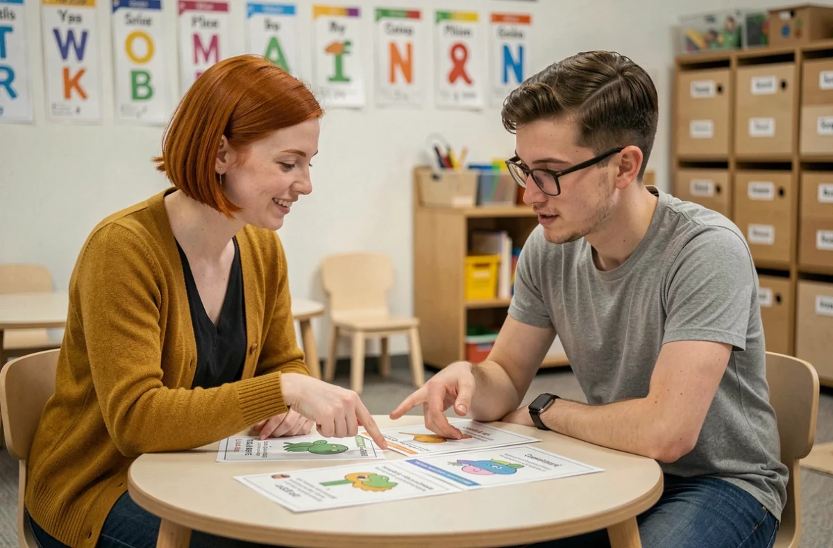 Deux éducateurs de maternelle collaborant sur des fiches de devinettes adaptées aux enfants de 3 à 5 ans dans une salle de classe