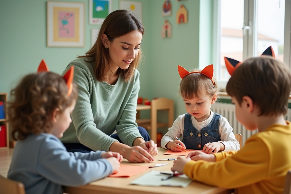 Éducatrice accompagnant des enfants dans un atelier bricolage serre-tête chaton inspiré de la chanson Trois petits chats