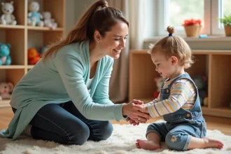 Éducatrice en crèche adaptant un jeu de toucher sécurisé avec un tout-petit sur un tapis en mousse coloré