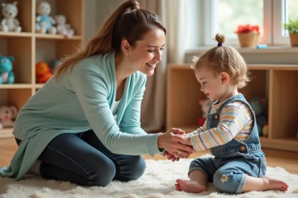Éducatrice en crèche adaptant un jeu de toucher sécurisé avec un tout-petit sur un tapis en mousse coloré