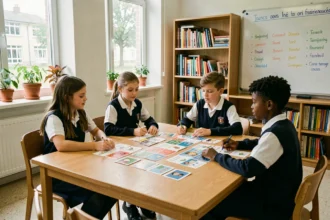 Élèves d'une école bilingue en Nouvelle-Aquitaine travaillant ensemble sur des flashcards bilingues français-anglais dans une salle de classe moderne