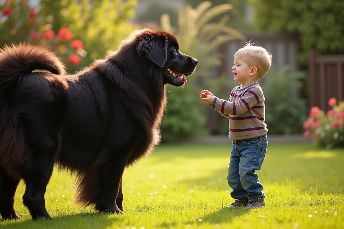 Enfant et chien Newfoundland en entraînement dans le jardin