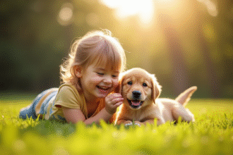 Enfant riant avec un chiot golden retriever dans l'herbe