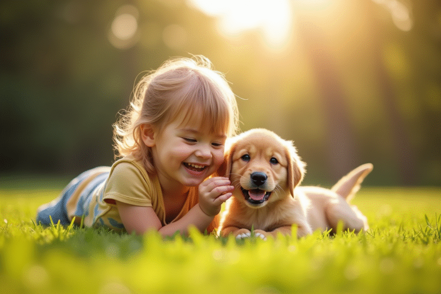 Enfant riant avec un chiot golden retriever dans l'herbe