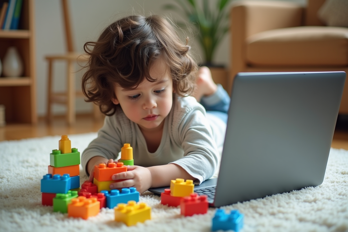 Enfant construisant des blocs éducatifs avec un ordinateur à côté