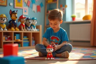 Enfant jouant avec une figurine de chien Pat Patrouille dans une chambre décorée aux couleurs de la série animée