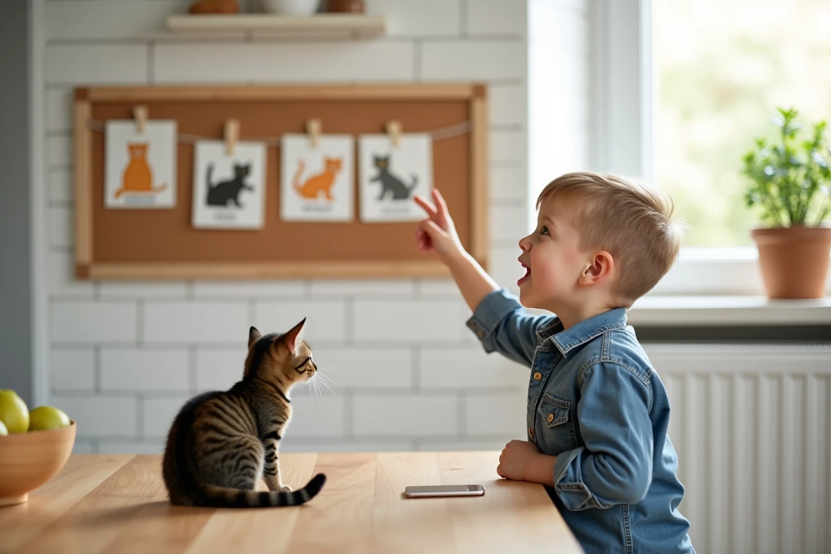 Enfant apprenant les paroles d'une chanson sur les chats avec des flashcards illustrées et un vrai chaton à côté de lui