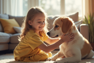 Enfant souriant caressant un chien sauvé dans un salon lumineux